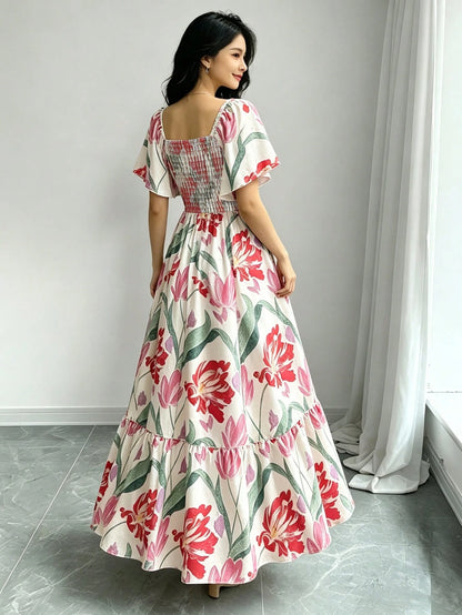 Modelyn Tropical Plant Print Elegant Dress For Women, Fashion Square Neck Cap Sleeve Dress, Ruffle Hem Design, Summer Vacation Style Bohemian Dress
