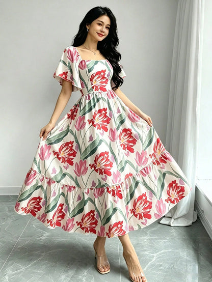 Modelyn Tropical Plant Print Elegant Dress For Women, Fashion Square Neck Cap Sleeve Dress, Ruffle Hem Design, Summer Vacation Style Bohemian Dress