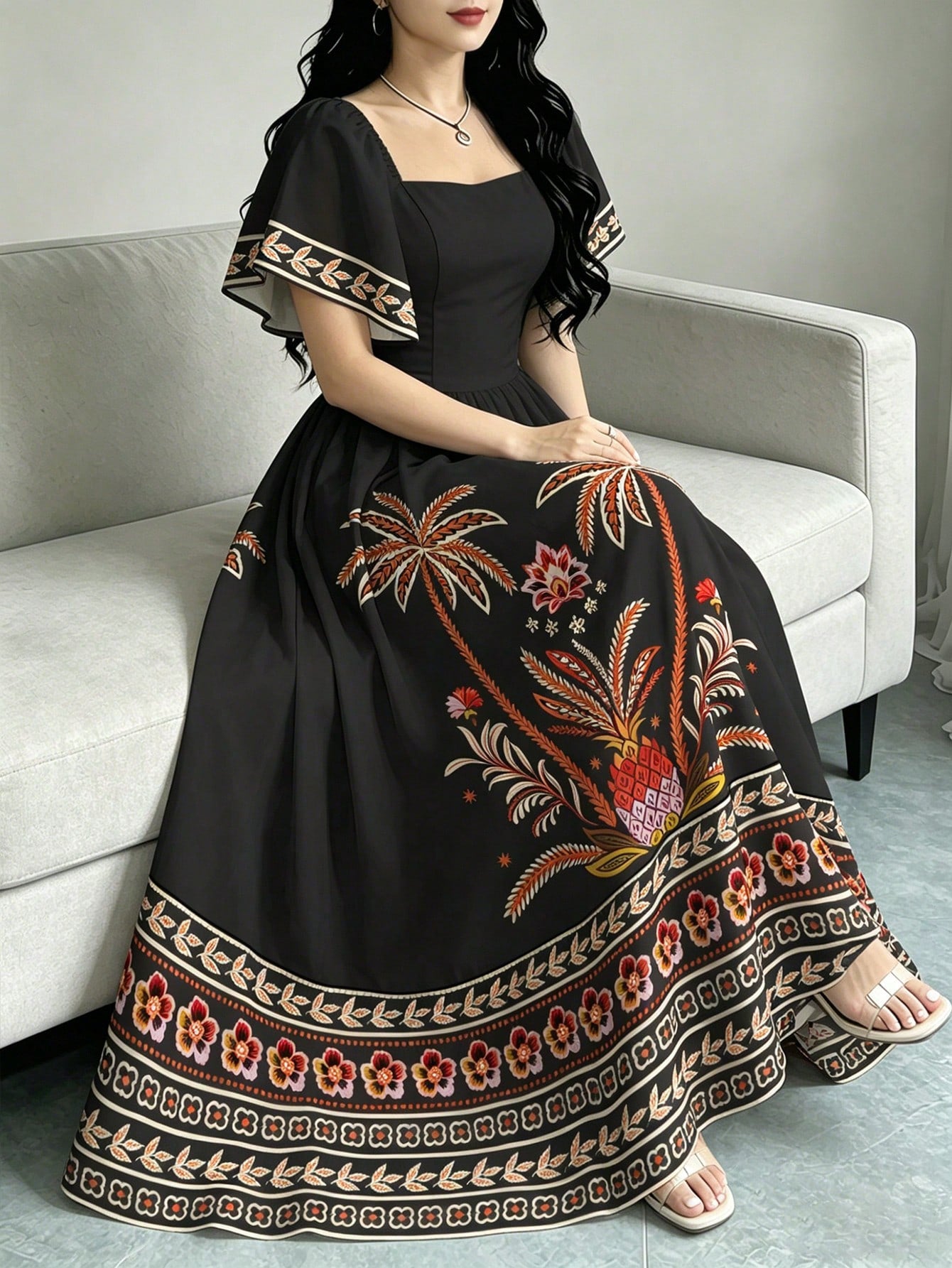 Modelyn Tropical Plant Print Elegant Dress For Women, Fashion Square Neck Cap Sleeve Dress, Ruffle Hem Design, Summer Vacation Style Bohemian Dress