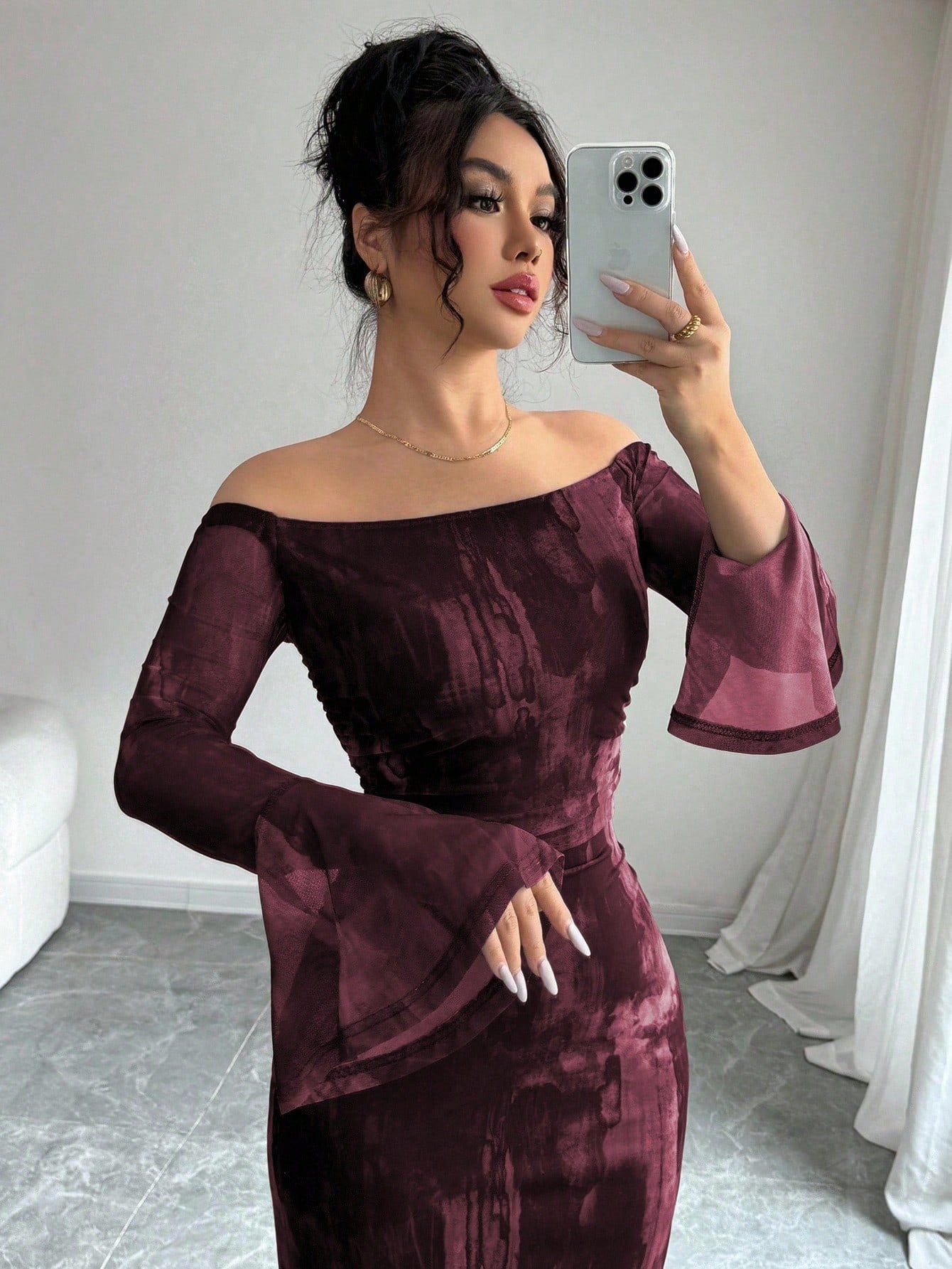 Modelyn Women's Off Shoulder Flare Sleeve Tie-Dye Fashion Mesh Print Ruched Fishtail Slim Fit Dress