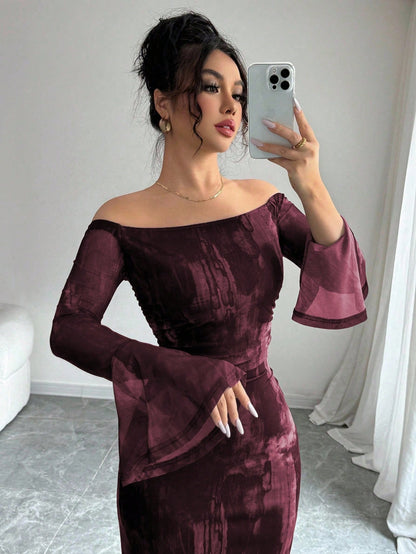 Modelyn Women's Off Shoulder Flare Sleeve Tie-Dye Fashion Mesh Print Ruched Fishtail Slim Fit Dress