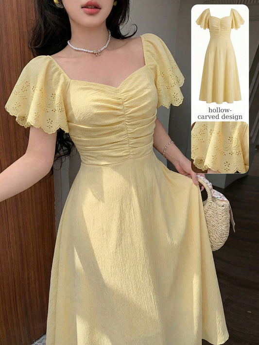 Modelyn Women's Pale Yellow Summer Cottage Core Vacation Dress,Eyelet Embroidery Short Sleeve Waist Gathered A-Line Pleated Elegant Midi Sundress