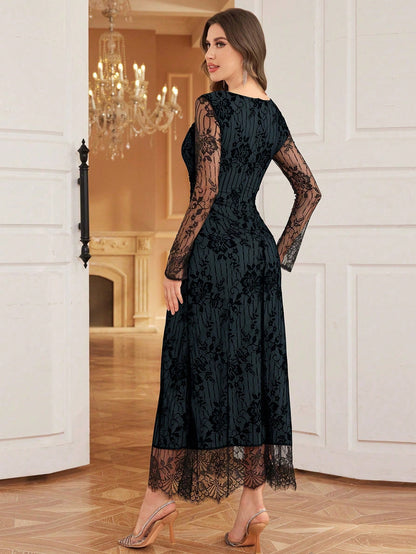Modelyn Women's Square Neck Long Sleeve Lace Patchwork Casual Long Dress Maxi Women Outfit Long Evening Dresses Fall Cloth For Women
