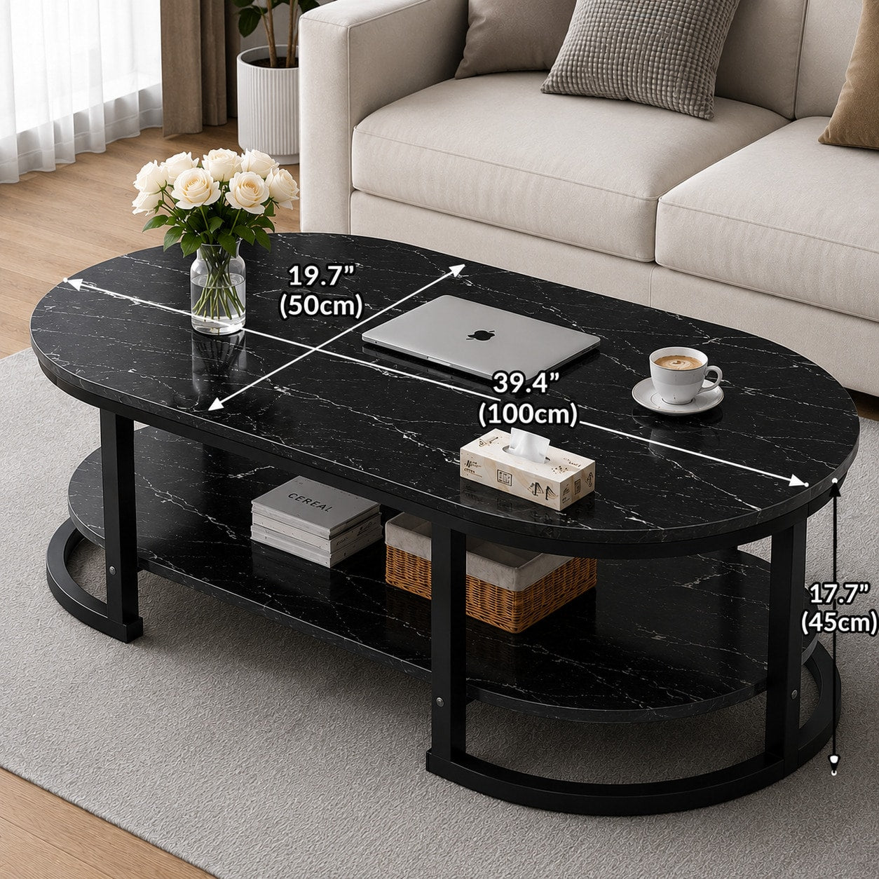 Modern Oval Coffee Table With Faux Marble Top, 2-Tier Center Table With Storage Shelf, Metal Frame Cocktail Table For Living Room, Apartment, Office