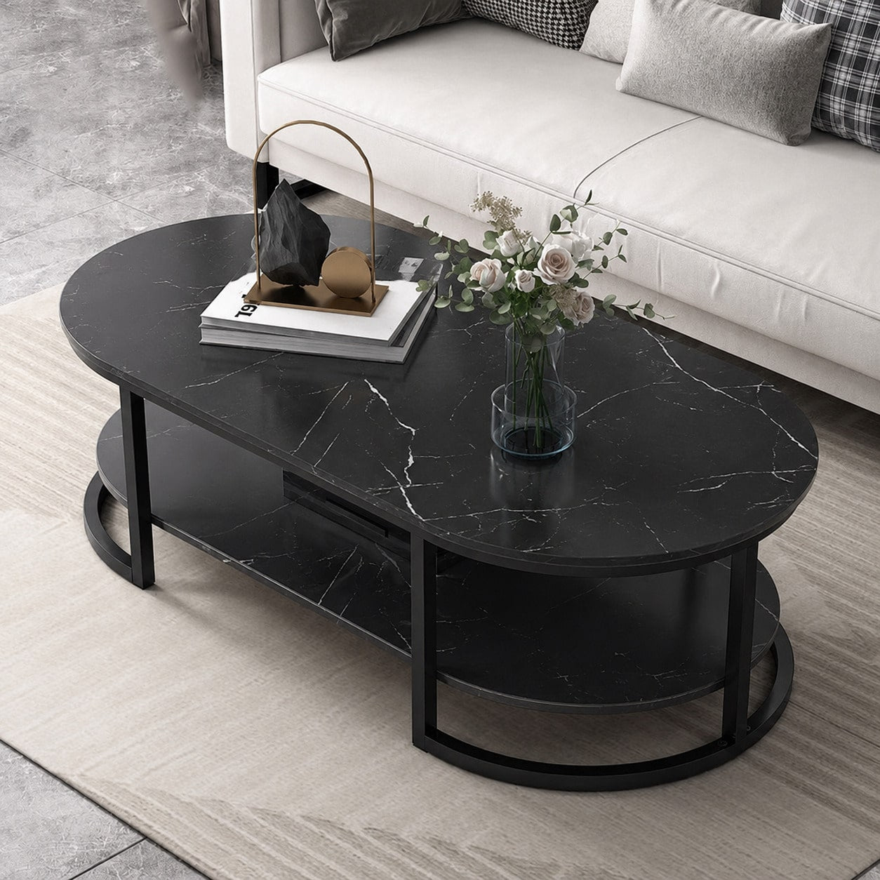 Modern Oval Coffee Table With Faux Marble Top, 2-Tier Center Table With Storage Shelf, Metal Frame Cocktail Table For Living Room, Apartment, Office