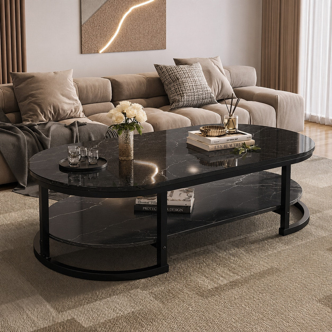 Modern Oval Coffee Table With Faux Marble Top, 2-Tier Center Table With Storage Shelf, Metal Frame Cocktail Table For Living Room, Apartment, Office