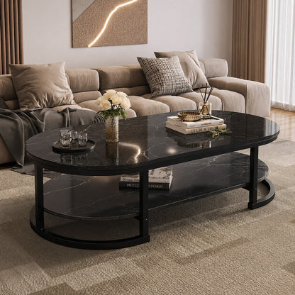 Modern Oval Coffee Table With Faux Marble Top, 2-Tier Center Table With Storage Shelf, Metal Frame Cocktail Table For Living Room, Apartment, Office