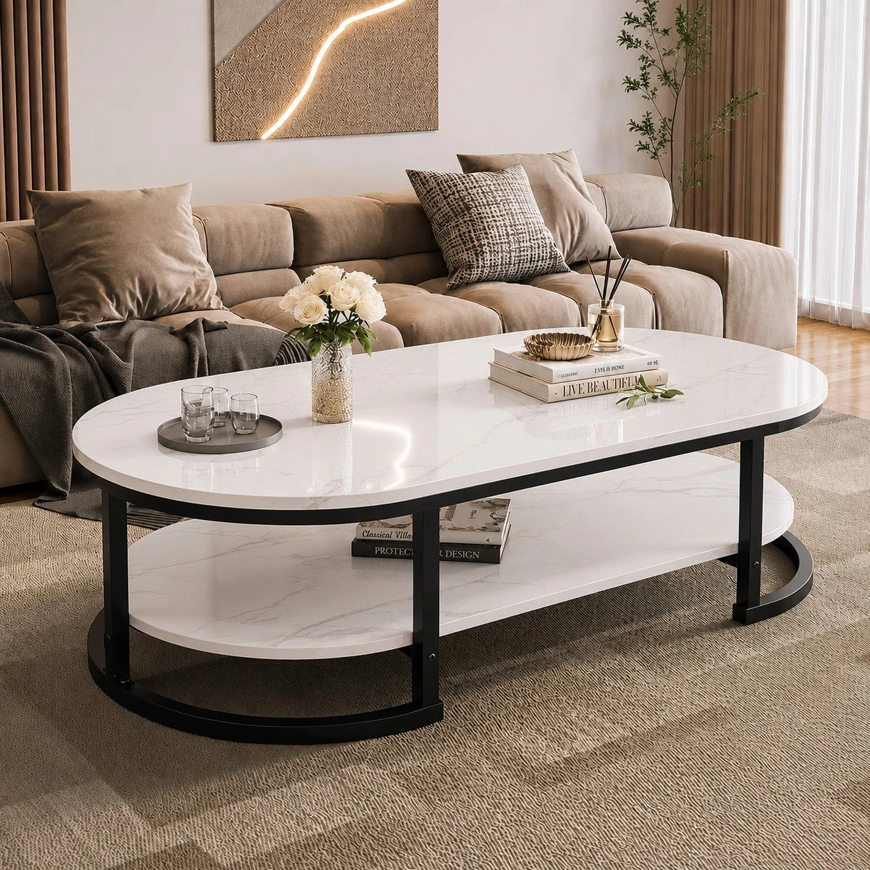 Modern Oval Coffee Table With Faux Marble Top, 2-Tier Center Table With Storage Shelf, Metal Frame Cocktail Table For Living Room, Apartment, Office