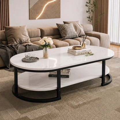 Modern Oval Coffee Table With Faux Marble Top, 2-Tier Center Table With Storage Shelf, Metal Frame Cocktail Table For Living Room, Apartment, Office