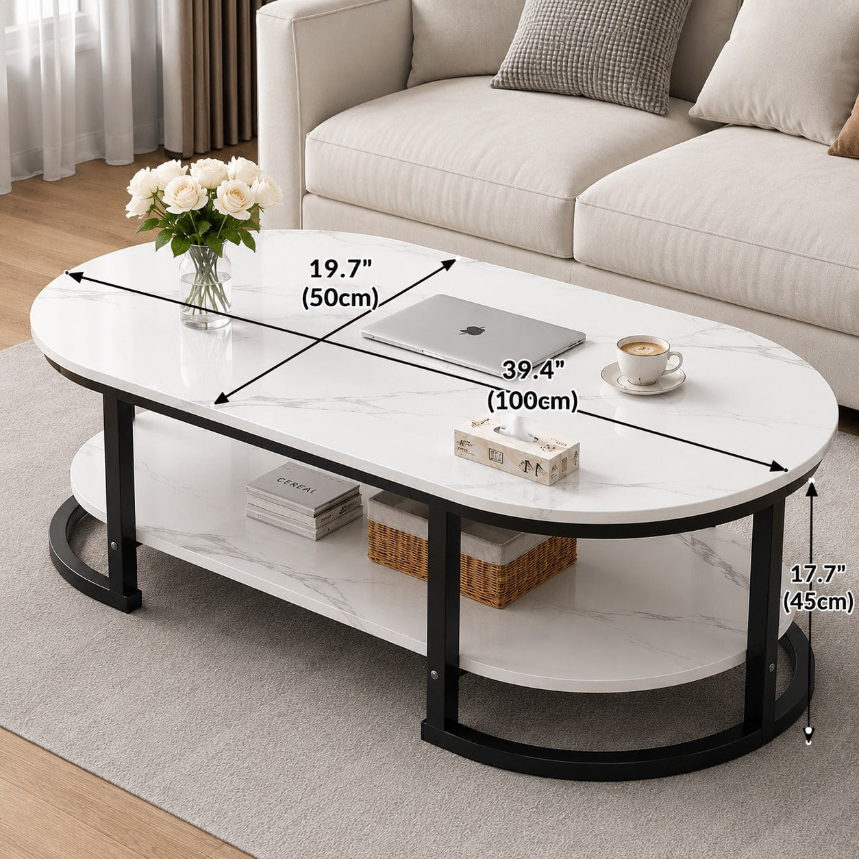 Modern Oval Coffee Table With Faux Marble Top, 2-Tier Center Table With Storage Shelf, Metal Frame Cocktail Table For Living Room, Apartment, Office