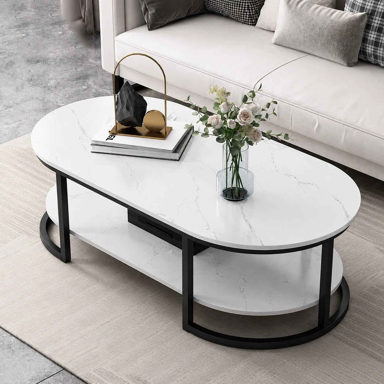 Modern Oval Coffee Table With Faux Marble Top, 2-Tier Center Table With Storage Shelf, Metal Frame Cocktail Table For Living Room, Apartment, Office