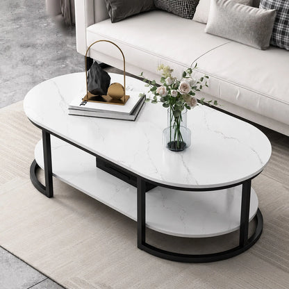 Modern Oval Coffee Table With Faux Marble Top, 2-Tier Center Table With Storage Shelf, Metal Frame Cocktail Table For Living Room, Apartment, Office