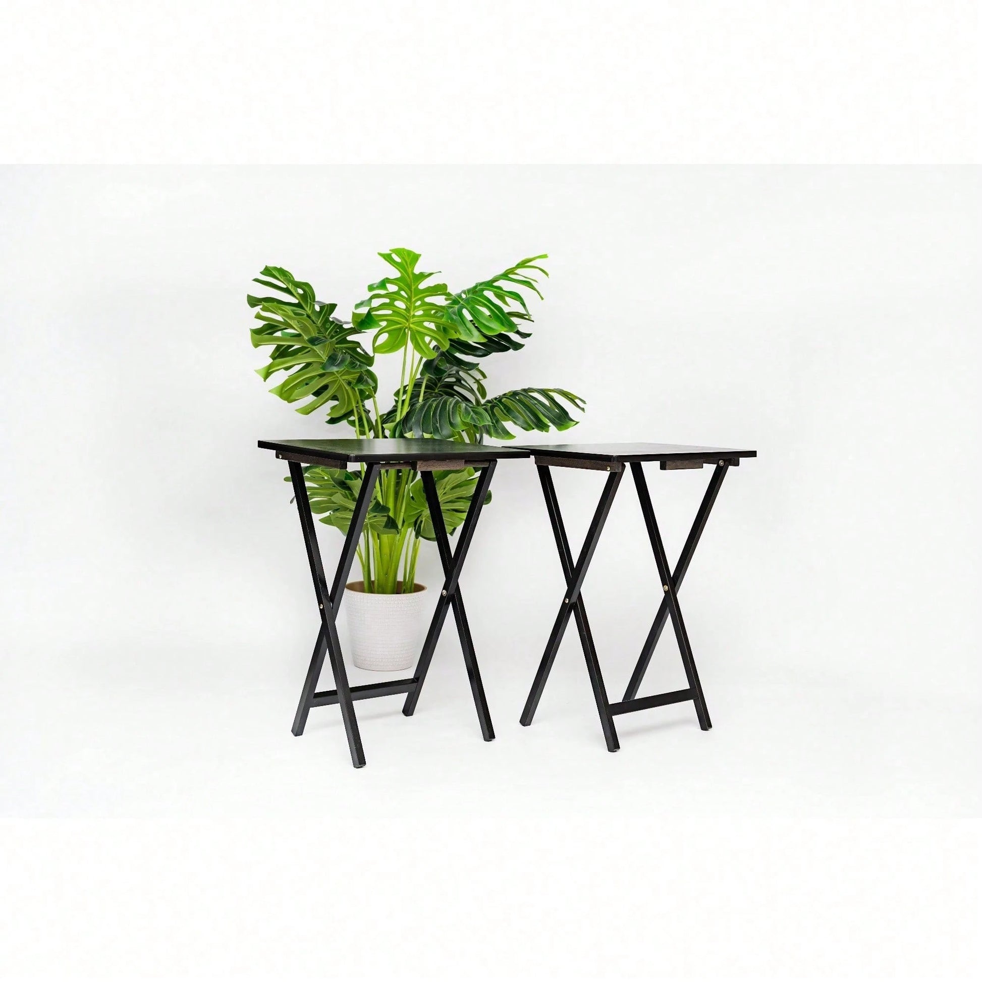 Modern Solid Wood Folding Tray Tables, Set Of 2, Black
