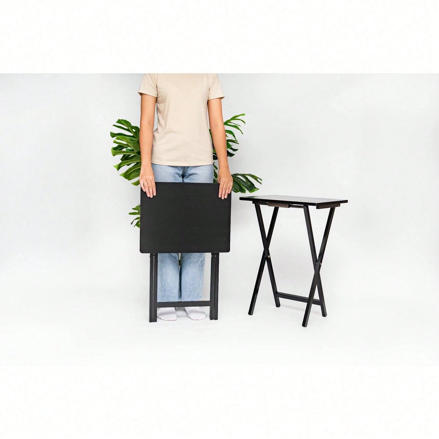 Modern Solid Wood Folding Tray Tables, Set Of 2, Black