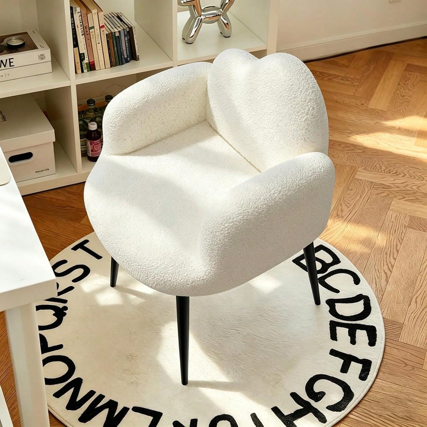 Modern Upholstered Vanity Chair With Arms, No Wheels Desk Chair, Soft Comfortable Accent Chair For Makeup, Bedroom, Living Room, Office Or Balcony (White)