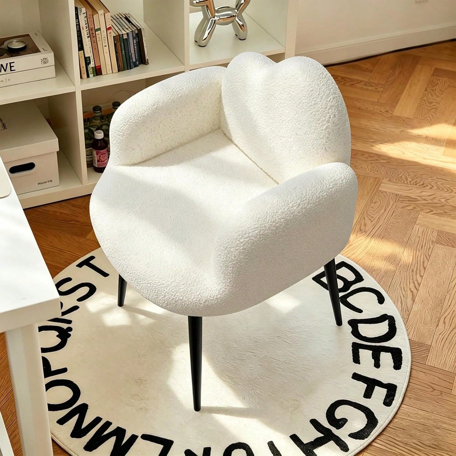Modern Upholstered Vanity Chair With Arms, No Wheels Desk Chair, Soft Comfortable Accent Chair For Makeup, Bedroom, Living Room, Office Or Balcony (White)