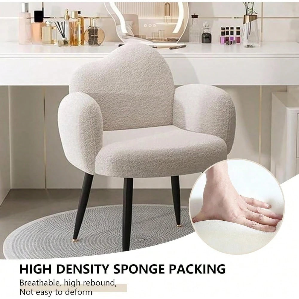 Modern Upholstered Vanity Chair With Arms, No Wheels Desk Chair, Soft Comfortable Accent Chair For Makeup, Bedroom, Living Room, Office Or Balcony (White)