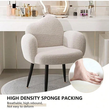 Modern Upholstered Vanity Chair With Arms, No Wheels Desk Chair, Soft Comfortable Accent Chair For Makeup, Bedroom, Living Room, Office Or Balcony (White)