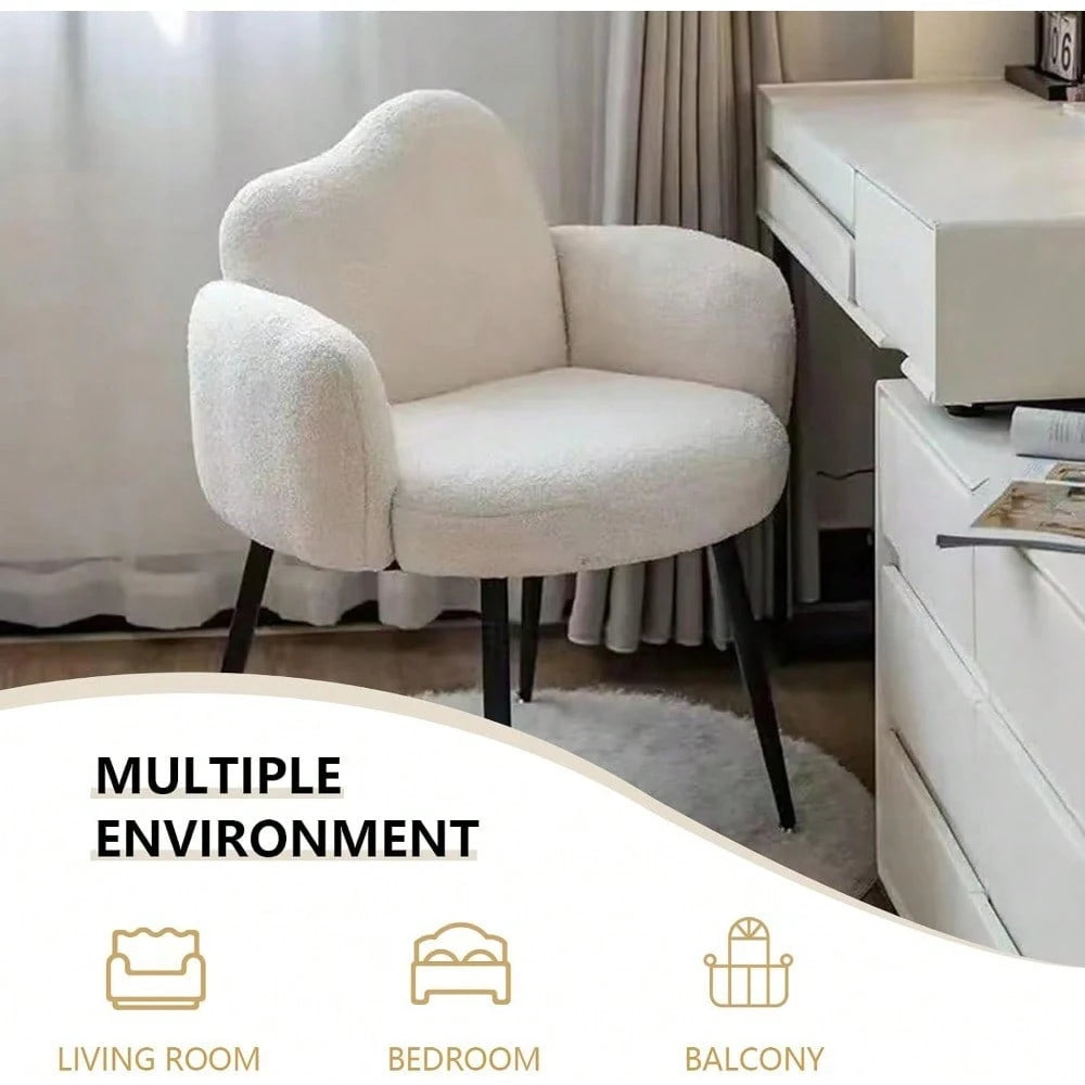 Modern Upholstered Vanity Chair With Arms, No Wheels Desk Chair, Soft Comfortable Accent Chair For Makeup, Bedroom, Living Room, Office Or Balcony (White)