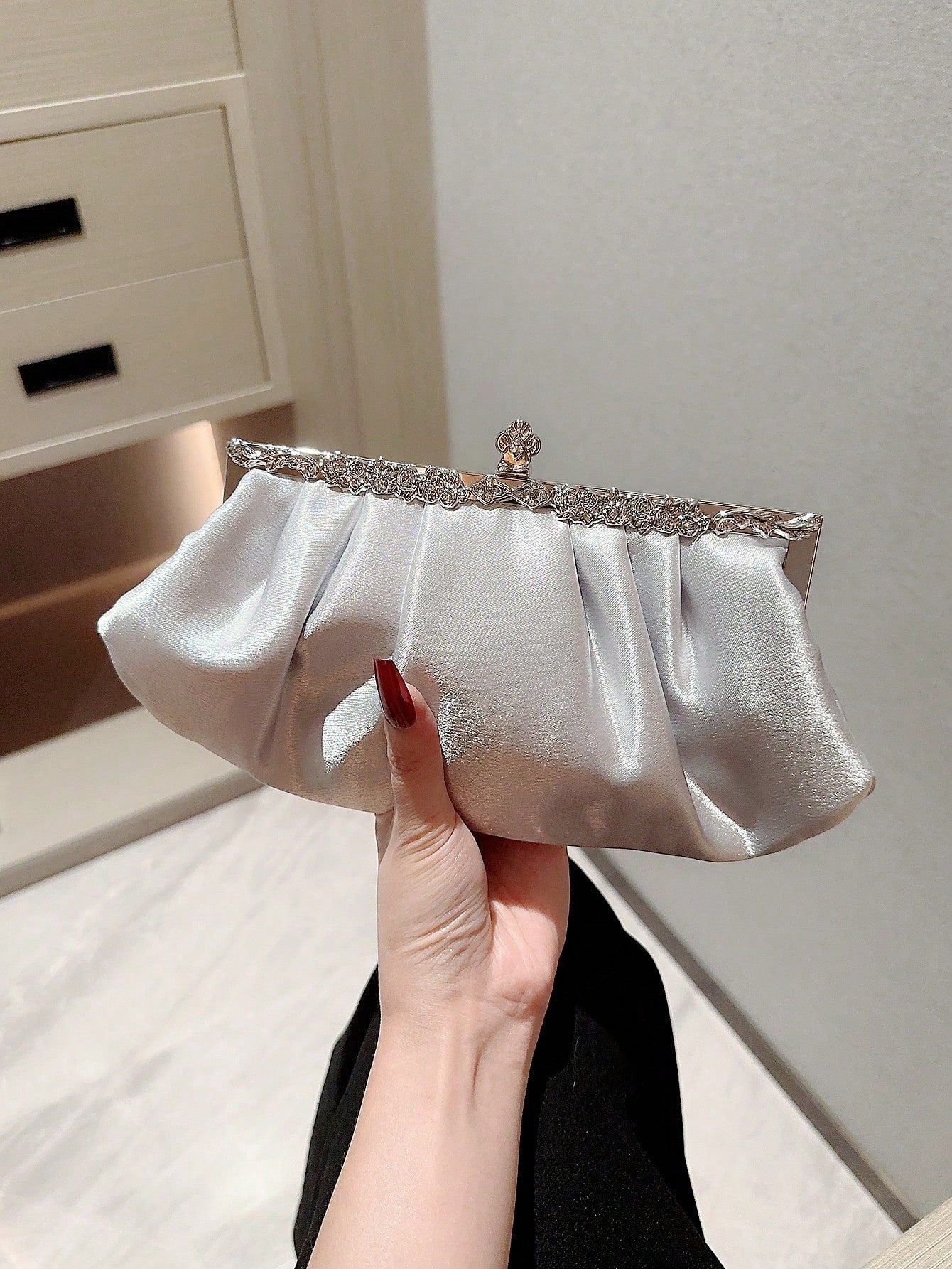 Moonlit EveBag Women's Exquisite Satin Evening Clutch Bag With Rhinestone Decoration, Party Dress Bag, Prom Bag, Evening Bag, Chain Handbag, Royal Blue,Wedding