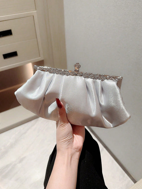 Moonlit EveBag Women's Exquisite Satin Evening Clutch Bag With Rhinestone Decoration, Party Dress Bag, Prom Bag, Evening Bag, Chain Handbag, Royal Blue,Wedding