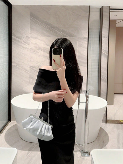 Moonlit EveBag Women's Exquisite Satin Evening Clutch Bag With Rhinestone Decoration, Party Dress Bag, Prom Bag, Evening Bag, Chain Handbag, Royal Blue,Wedding
