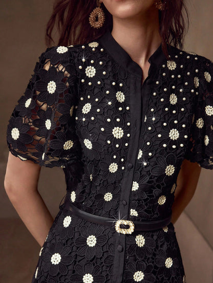 MOTF PREMIUM GOLD THREAD FLORAL EMBROIDERED STAND COLLAR PUFF SLEEVE FITTED FAUX PEARL BELT MID-LENGTH DRESS