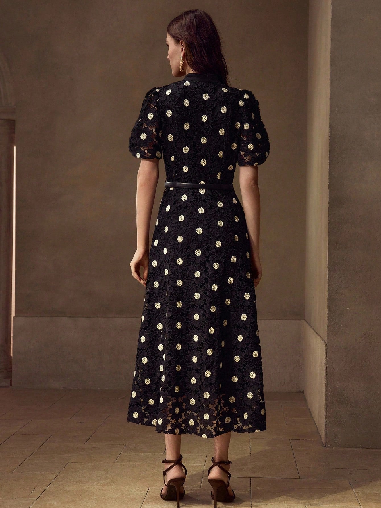 MOTF PREMIUM GOLD THREAD FLORAL EMBROIDERED STAND COLLAR PUFF SLEEVE FITTED FAUX PEARL BELT MID-LENGTH DRESS
