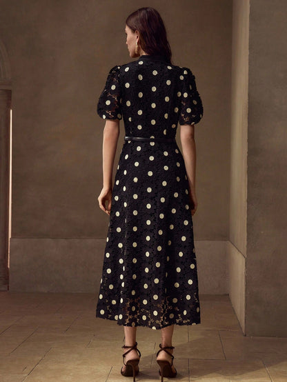 MOTF PREMIUM GOLD THREAD FLORAL EMBROIDERED STAND COLLAR PUFF SLEEVE FITTED FAUX PEARL BELT MID-LENGTH DRESS