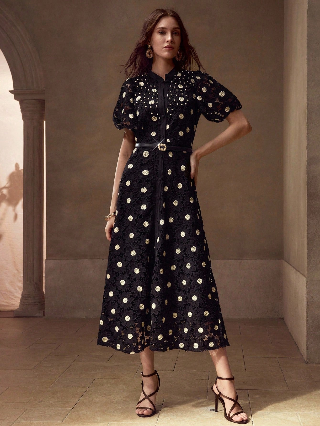 MOTF PREMIUM GOLD THREAD FLORAL EMBROIDERED STAND COLLAR PUFF SLEEVE FITTED FAUX PEARL BELT MID-LENGTH DRESS