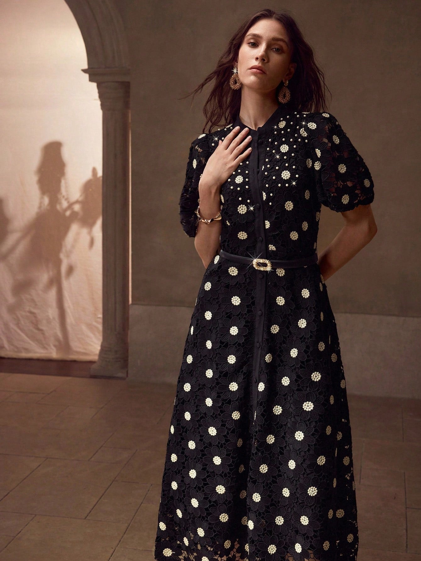 MOTF PREMIUM GOLD THREAD FLORAL EMBROIDERED STAND COLLAR PUFF SLEEVE FITTED FAUX PEARL BELT MID-LENGTH DRESS