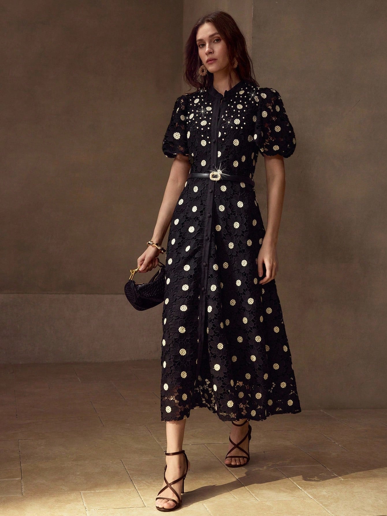 MOTF PREMIUM GOLD THREAD FLORAL EMBROIDERED STAND COLLAR PUFF SLEEVE FITTED FAUX PEARL BELT MID-LENGTH DRESS