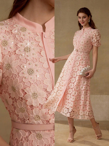 MOTF PREMIUM GOLD THREAD FLORAL EMBROIDERED STAND COLLAR PUFF SLEEVE FITTED FAUX PEARL BELT MID-LENGTH DRESS