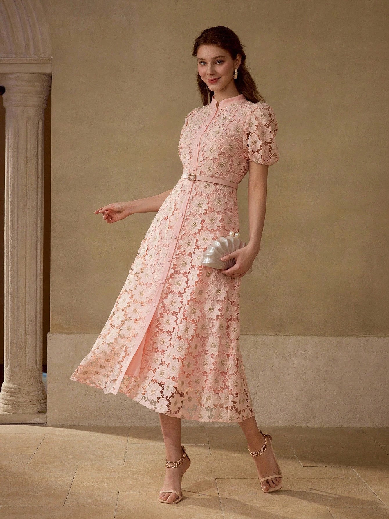 MOTF PREMIUM GOLD THREAD FLORAL EMBROIDERED STAND COLLAR PUFF SLEEVE FITTED FAUX PEARL BELT MID-LENGTH DRESS