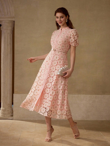 MOTF PREMIUM GOLD THREAD FLORAL EMBROIDERED STAND COLLAR PUFF SLEEVE FITTED FAUX PEARL BELT MID-LENGTH DRESS