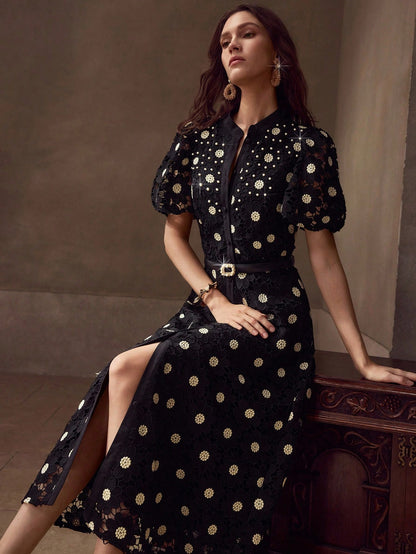 MOTF PREMIUM GOLD THREAD FLORAL EMBROIDERED STAND COLLAR PUFF SLEEVE FITTED FAUX PEARL BELT MID-LENGTH DRESS
