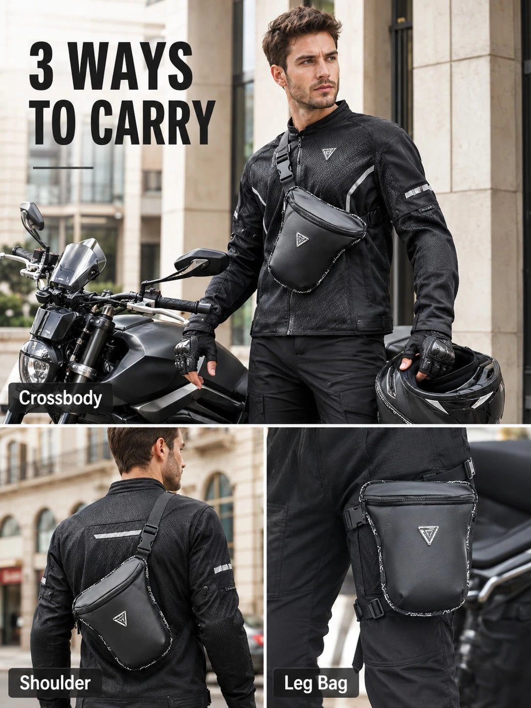 Motorcycle Drop Leg Bag, Water Resistant Thigh Bag Waist Pack, 3 In 1 Crossbody Sling Shoulder Chest Bag, Adjustable Leg Strap Fanny Pack Hip Bum Belt Bag For Biker Rider Riding Cycling Hiking Camping