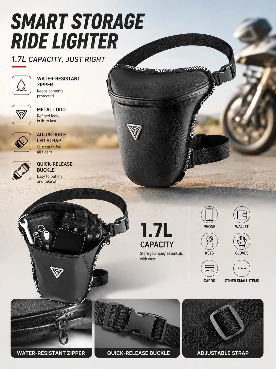 Motorcycle Drop Leg Bag, Water Resistant Thigh Bag Waist Pack, 3 In 1 Crossbody Sling Shoulder Chest Bag, Adjustable Leg Strap Fanny Pack Hip Bum Belt Bag For Biker Rider Riding Cycling Hiking Camping