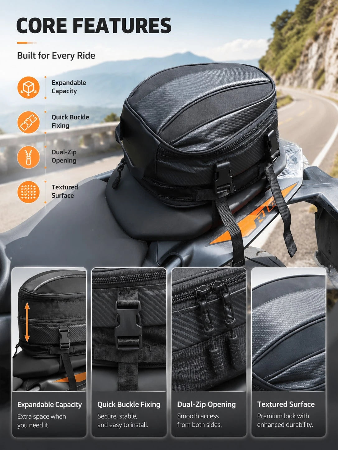 Motorcycle Tail Bag Water Resistant Expandable Rear Seat Bag Multifunctional Storage Saddle Bag For Riding Travel Touring Commuting For Sport Bike Motorbike Cruiser
