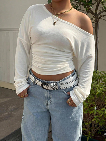 Muchica Plus Size Women's Solid Color Off-Shoulder Long Sleeve Fitted Ruched Casual T-Shirt Fall
