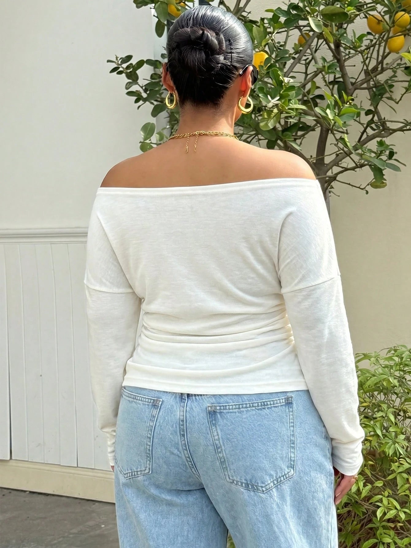 Muchica Plus Size Women's Solid Color Off-Shoulder Long Sleeve Fitted Ruched Casual T-Shirt Fall