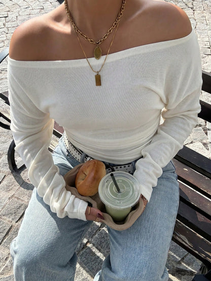 Muchica Plus Size Women's Solid Color Off-Shoulder Long Sleeve Fitted Ruched Casual T-Shirt Fall