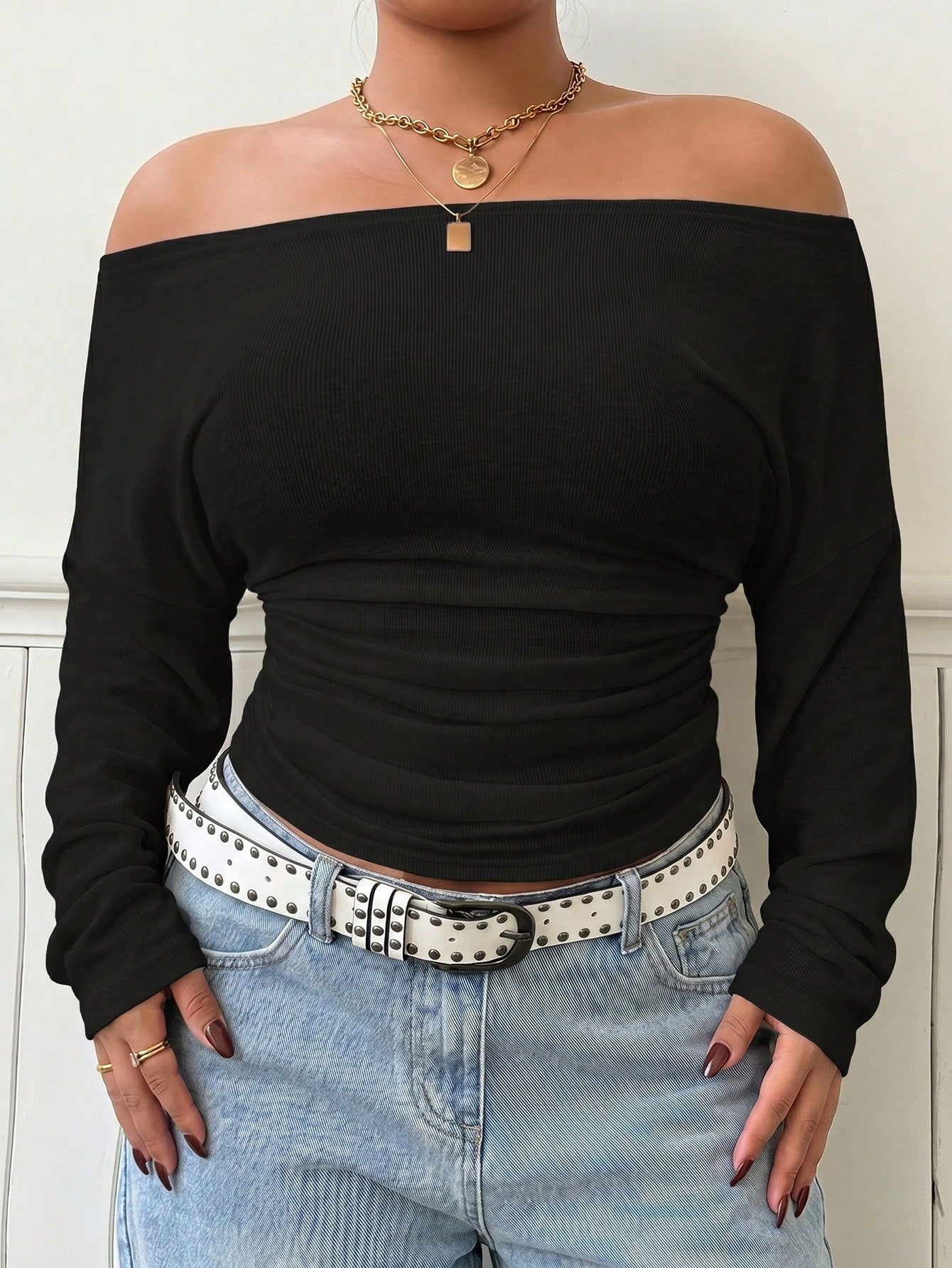 Muchica Plus Size Women's Solid Color Off-Shoulder Long Sleeve Fitted Ruched Casual T-Shirt Fall