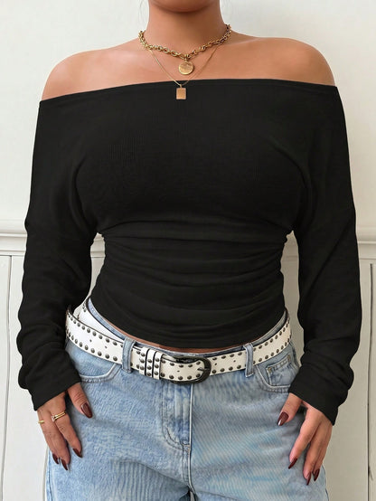 Muchica Plus Size Women's Solid Color Off-Shoulder Long Sleeve Fitted Ruched Casual T-Shirt Fall
