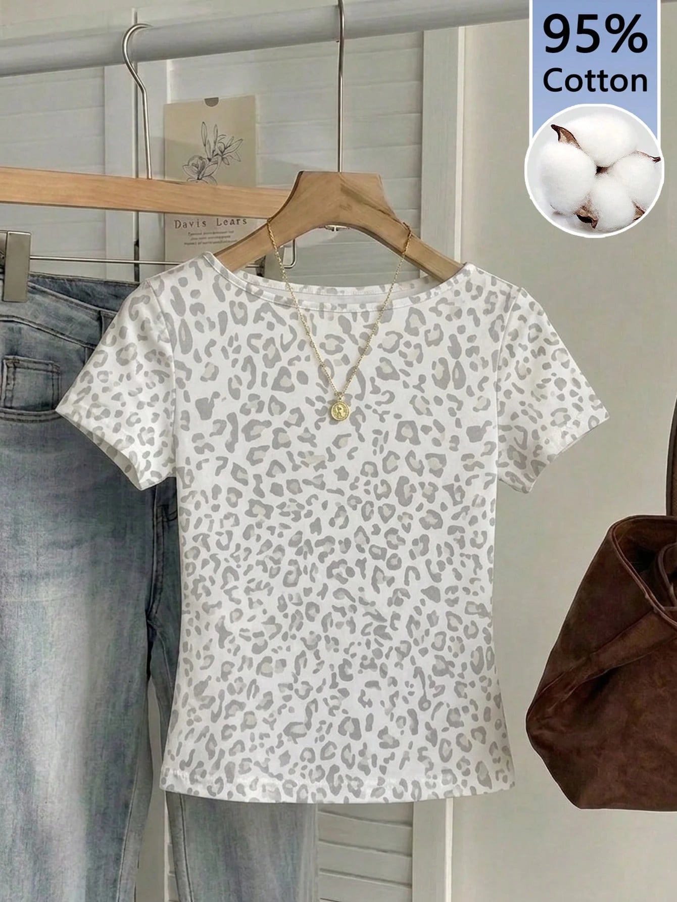 Muchica White Animal Print, Summer, Casual Daily Leopard Print Short Sleeve T-Shirt, Slim Fit Basic Top, Retro Y2K Sweet Style Nostalgic T-Shirt Plus Size