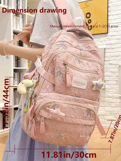 Multi-Compartment Bow Nylon Backpack, Fits 15.6-Inch Laptop, Multi-Pocket Lightweight Student Backpack, Large Capacity Travel Bag, Multi-Functional Backpack
