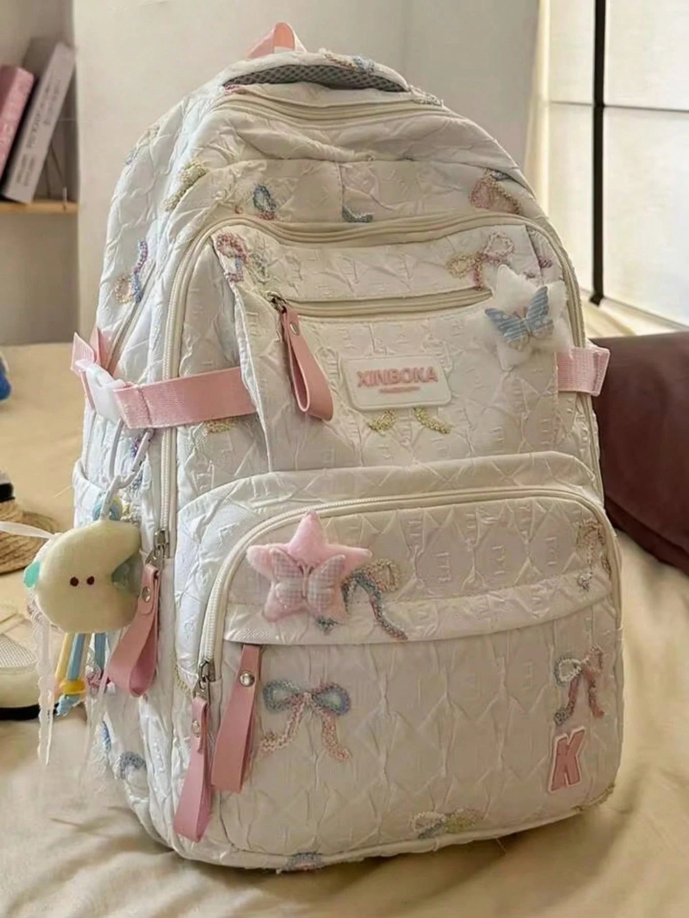 Multi-Compartment Bow Nylon Backpack, Fits 15.6-Inch Laptop, Multi-Pocket Lightweight Student Backpack, Large Capacity Travel Bag, Multi-Functional Backpack