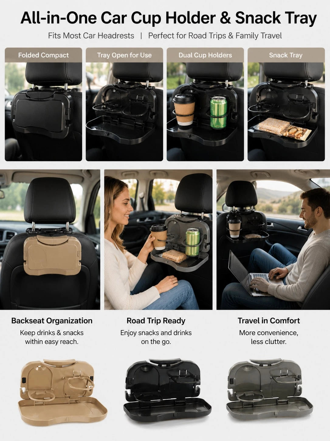 Multi-Functional Foldable Car Dining Table, Car Seat Back Tray And Cup Holder, Multi-Purpose Child Dining Plate, Foldable Car Laptop Desk, Road Trip Essentials