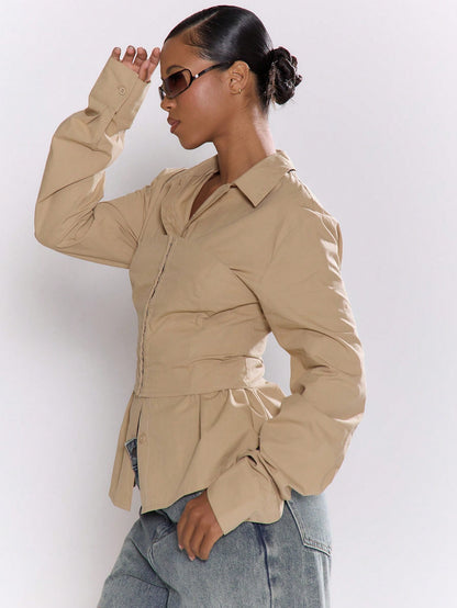 MUSERA Cinched Corset Detail Button Down Long Sleeve Shirt Classy Sexy Streetwear Night Out Party,Elegant Holidays, Party Spring Summer Office Mothers Day