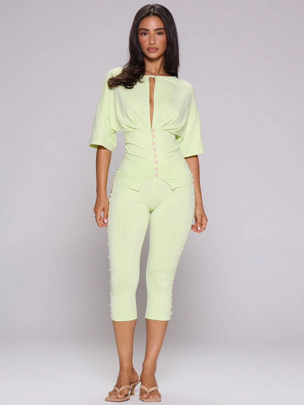 MUSERA Green Knitted Button Side Fitted Capri Pant